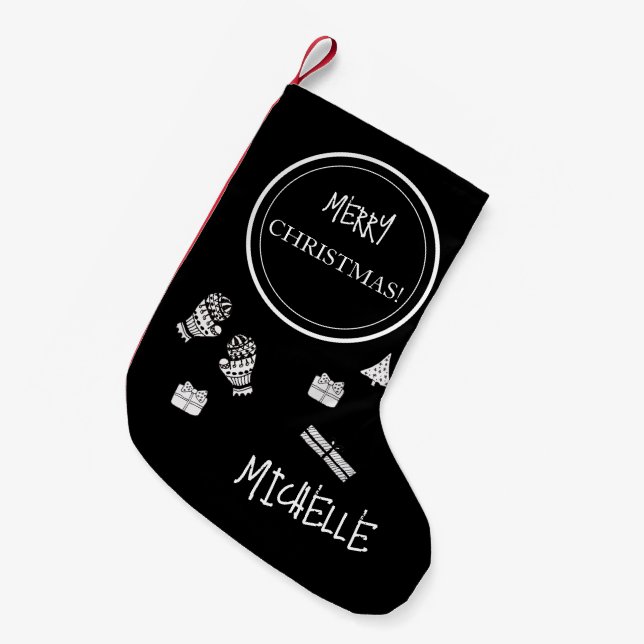 Petite Chaussette De Noël Noir moderne et blanc Personnalisé (Devant (Accrochage))