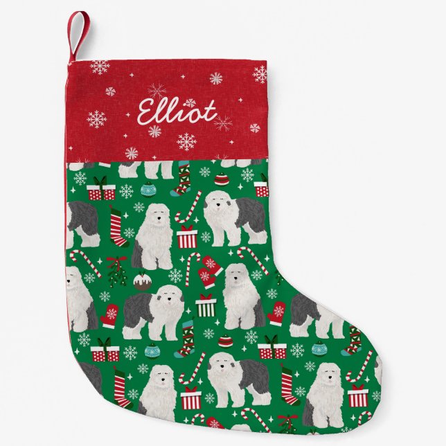 Petite Chaussette De Noël Nom du chien personnalisé Old English Sheepdog (Devant)
