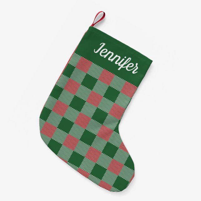 Petite Chaussette De Noël Nom du script rustique vert plaid (Devant (Accrochage))