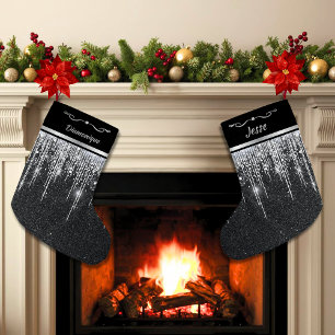 Petite Chaussette De Noël Nom élégant de script moderne noir et argent