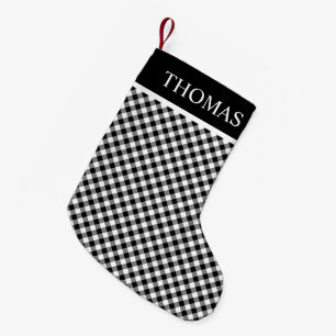 Petite Chaussette De Noël Nom En vichy personnalisé noir blanc