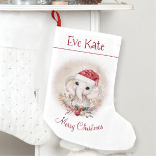 Petite Chaussette De Noël Nom personnalisé Cute Elephant Girl Rouge Blanc