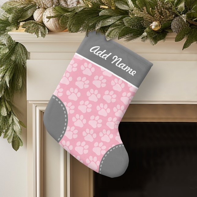 Petite Chaussette De Noël Nom personnalisé du Motif Empreinte de patte Grey  (Personalized Christmas Stocking)