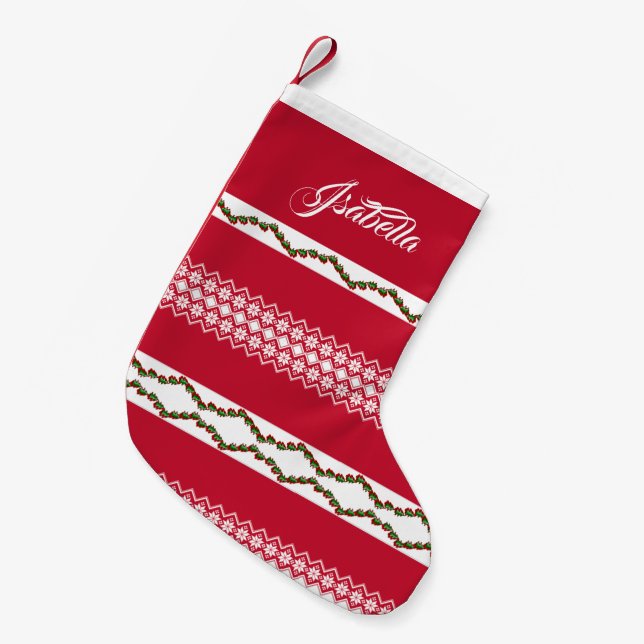 Petite Chaussette De Noël Nom personnalisé Élégant Snowflakes Motif Rouge (Devant (Accrochage))