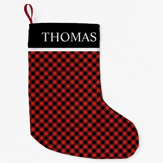Petite Chaussette De Noël Nom personnalisé En vichy rouge noir (Devant)