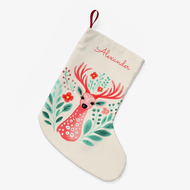 Petite Chaussette De Noël Nom personnalisé Floral Reindeer (Devant (Accrochage))