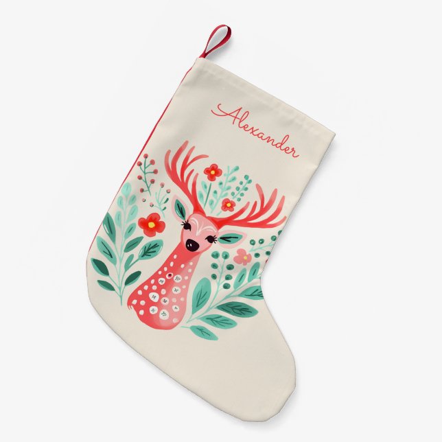 Petite Chaussette De Noël Nom personnalisé Floral Reindeer (Devant (Accrochage))