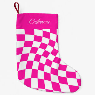 Petite Chaussette De Noël Nom personnalisé moderne À damiers rose chaud