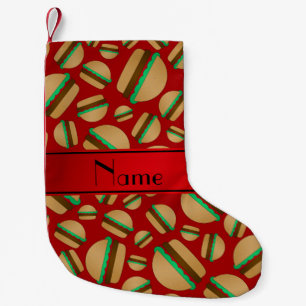 Petite Chaussette De Noël Nom personnalisé motif hamburger rouge