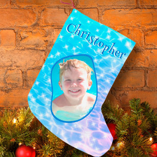Petite Chaussette De Noël Nom Personnalisé Photo Eau Étincelante Rondes Nage