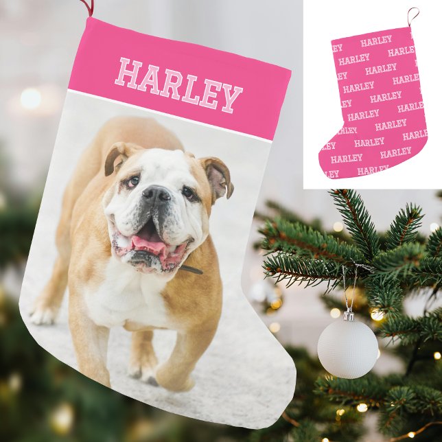 Petite Chaussette De Noël Nom personnalisé Photo Retro Typographie rose (Créateur téléchargé)