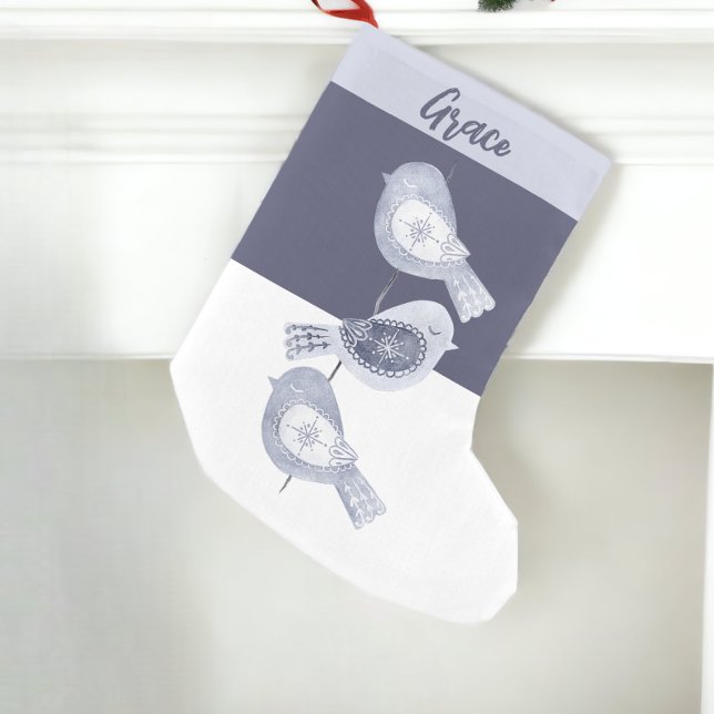 Petite Chaussette De Noël Oiseaux bleus nordiques de Noël (Nordic Christmas Blue Birds Small Christmas Stocking from Ricaso. Easy to personalize)