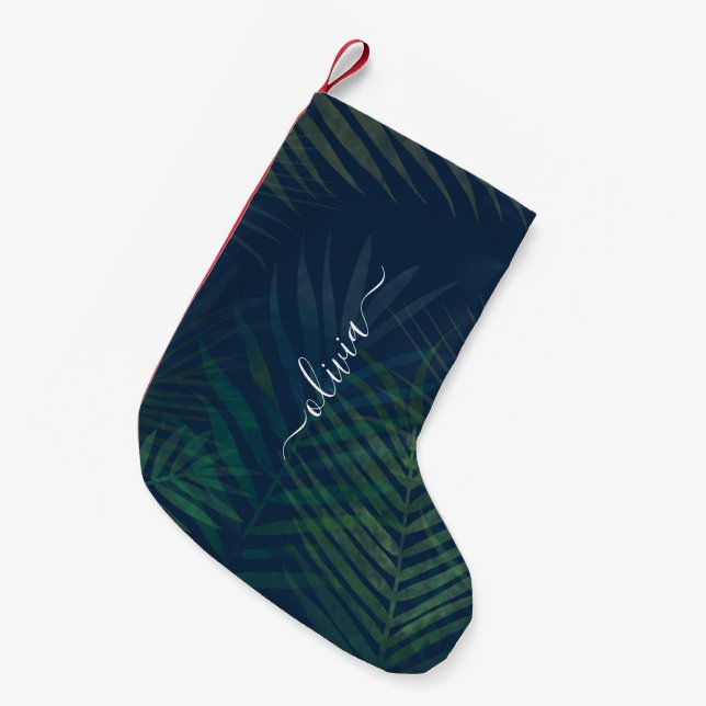 Petite Chaussette De Noël Palmiers vert foncé motif feuille (Devant (Accrochage))