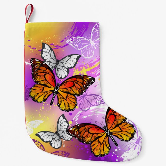 Petite Chaussette De Noël Papillons Monarque sur Arrière - plan pourpre (Devant)