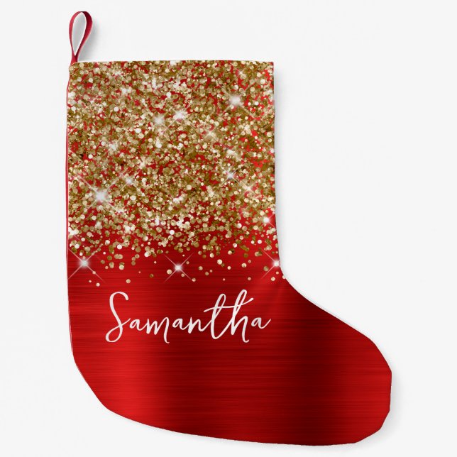 Petite Chaussette De Noël Parties scintillant or Nom de glam rouge (Devant)