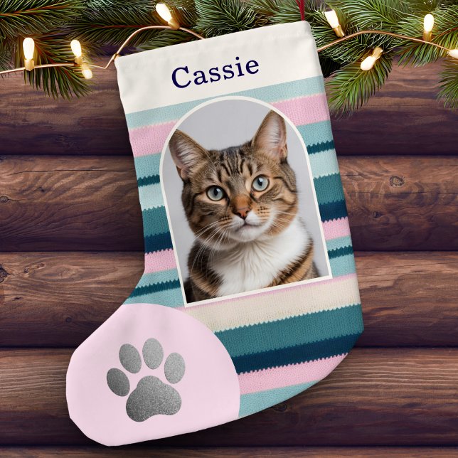 Petite Chaussette De Noël Pastel Pink Turquoise Pet Chat Empreinte de patte  (A pink and teal striped Christmas stocking, personalized with pet cat's photo and name)