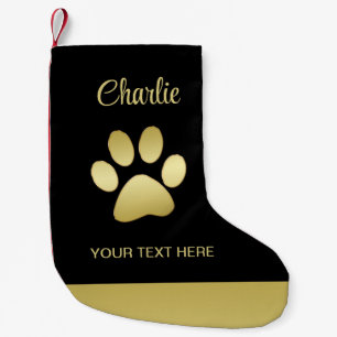 Petite Chaussette De Noël Paw chien brillant or sur arrière - plan noir