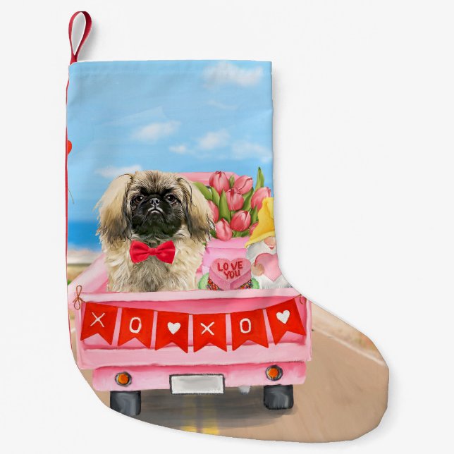 Petite Chaussette De Noël Pekingese Chien Saint Valentin Coeurs de Camion (Devant)