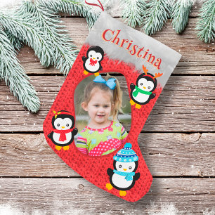 Petite Chaussette De Noël Penguin Red Cute Christmas Kid Photo Nom Cool amus
