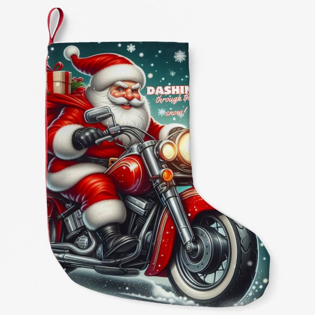 Petite Chaussette De Noël Père Noël en moto (Devant)