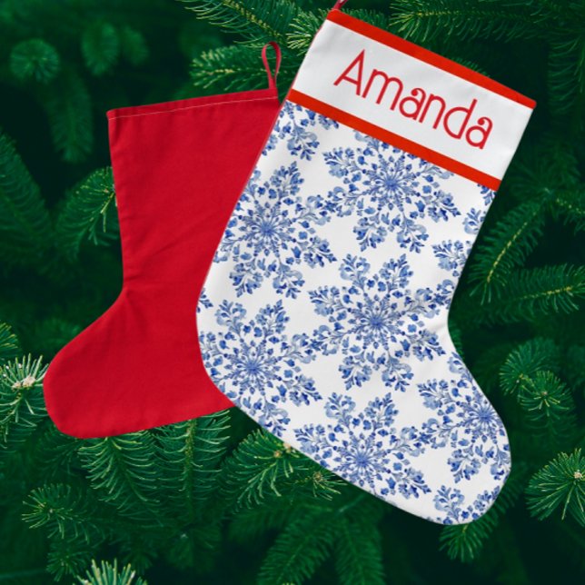 Petite Chaussette De Noël Personalized Blue White Snowflakes Red Back (Personalize it!)