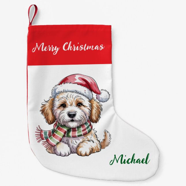 Petite Chaussette De Noël Personalized Goldendoodle Dog in Santa Hat  (Devant)