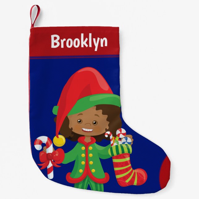 Petite Chaussette De Noël Personnaliser l'elfe de la fille multiculturelle (Devant)