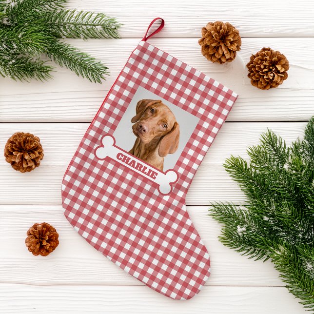 Petite Chaussette De Noël Pet Photo & Dog Bone with Name on Red White Plaid (Créateur téléchargé)