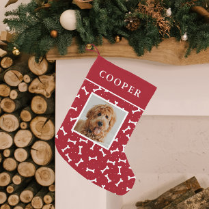 Petite Chaussette De Noël Photo de chien Motif d'os de chien rouge et blanc