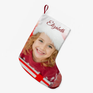 Petite Chaussette De Noël Photo élégant rouge avec nom personnalisé