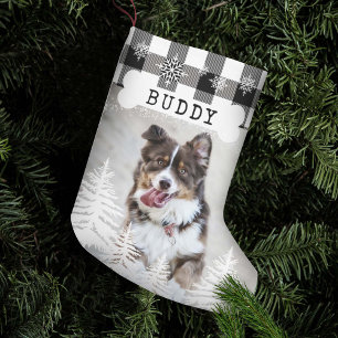 Petite Chaussette De Noël Pin rustique Panier Noir Plaid Chien Bone Pet Phot