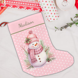 Petite Chaussette De Noël Pink Snowman Polka Point Custom Christmas Stocking