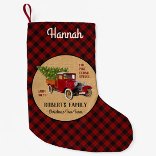 Petite Chaussette De Noël Plaid rouge de camion vintage de ferme d'arbre de