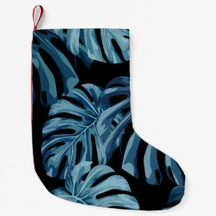 Petite Chaussette De Noël Plante Monstera : motif feuille bleu.