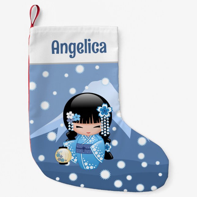 Petite Chaussette De Noël Poupée Kokeshi d'hiver - Blue Mountain Geisha Girl (Devant)