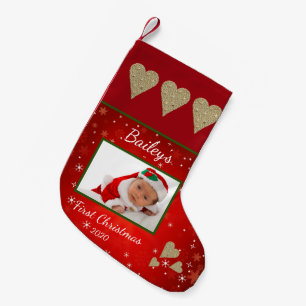 Petite Chaussette De Noël Premier Noël Bébé Photo Or Coeur Rouge