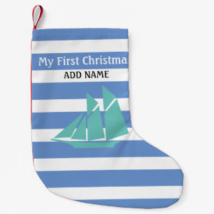 Petite Chaussette De Noël Premier Noël Bleu Bébé Garçon Monogramme nauti