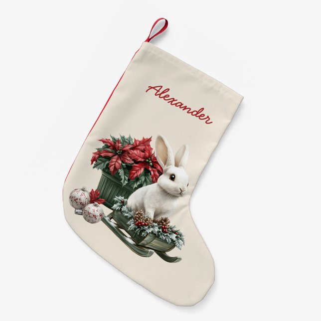 Petite Chaussette De Noël Rabbit Poinsettia Custom Name (Devant (Accrochage))