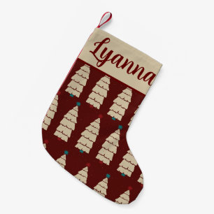 Petite Chaussette De Noël Red Burgundy Tree Motif Retro Cosy Noël