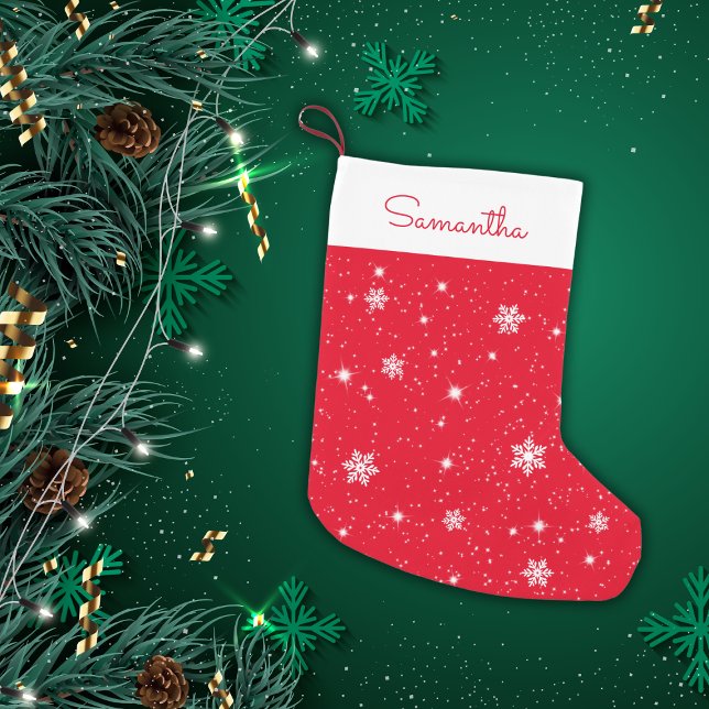 Petite Chaussette De Noël Red White Snowflakes Étoiles Motif avec nom (Créateur téléchargé)