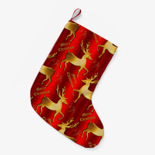 Petite Chaussette De Noël Rennes d'or sur rouge