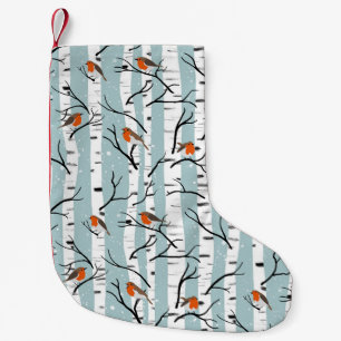 Petite Chaussette De Noël Robins européens sur bouleau d'argent dans la neig
