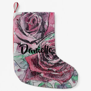 Petite Chaussette De Noël Rose rouge Fleurs d'aquarelle Nom floral Stocking