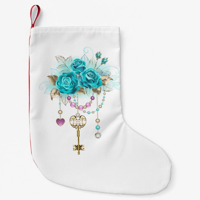 Petite Chaussette De Noël Roses turquoise avec touches (Devant)