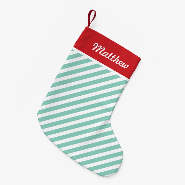 Petite Chaussette De Noël Rouge et Aqua Stripes de vacances Monogram (Devant (Accrochage))
