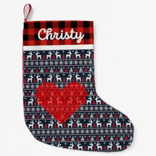 Petite Chaussette De Noël Rouge et noir Noël famille rustique chèque plaid