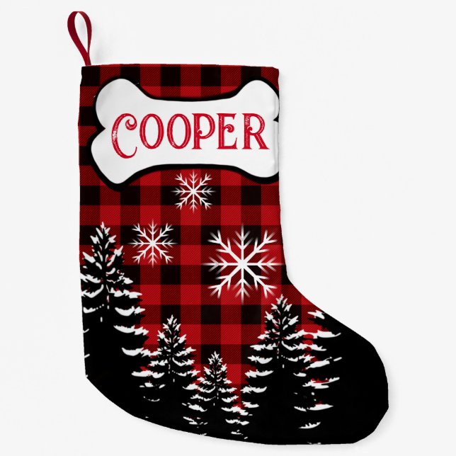 Petite Chaussette De Noël Rouge rustique, plaid de buffle noir (Devant)
