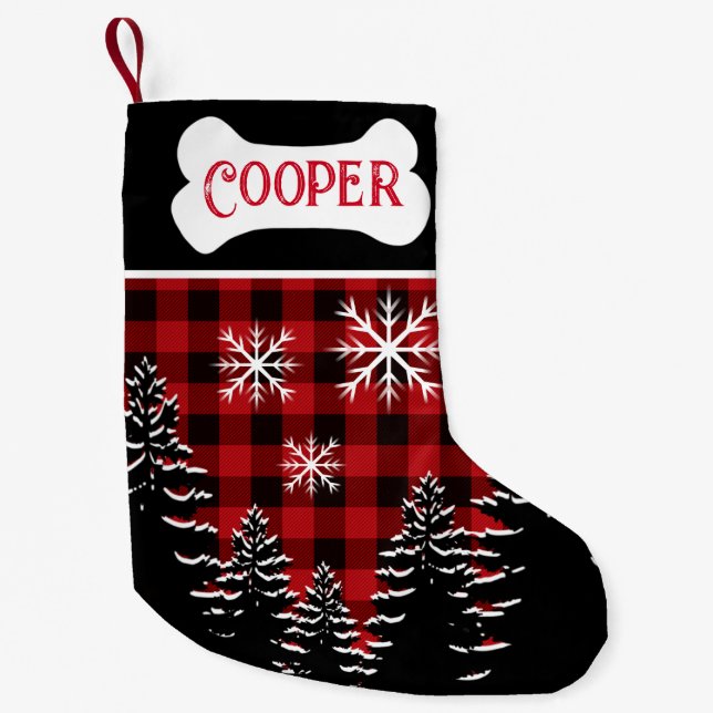 Petite Chaussette De Noël Rouge rustique, plaid de buffle noir (Devant)