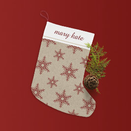 Petite Chaussette De Noël Russe Rouge Faux Burlap Motif de flocon de neige