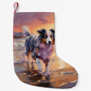 Petite Chaussette De Noël Sandy Australian Shepherd Dog on Beach Sunset